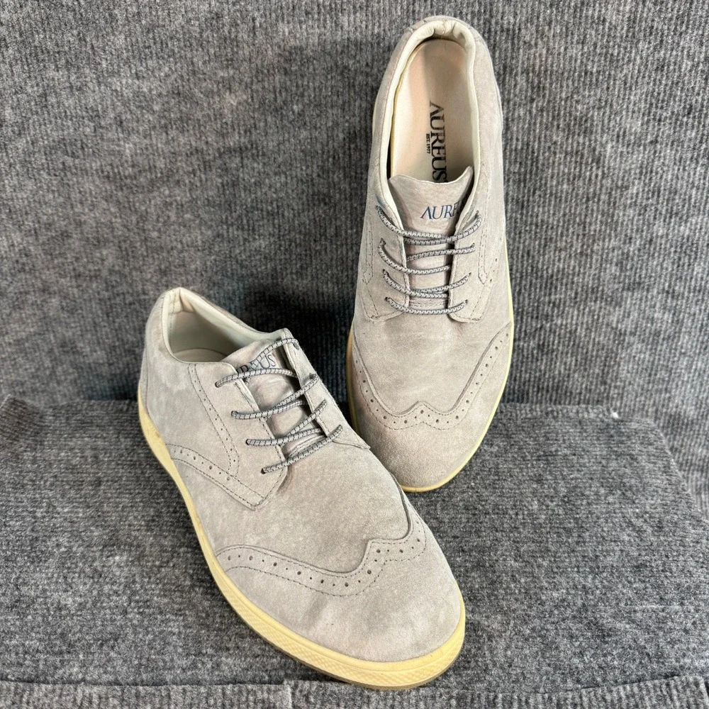 Aureus Mens AUM1010 Grey Suede Wingtip Oxford Sneakers Size 9